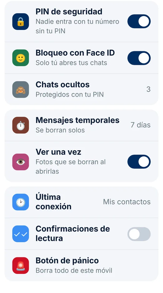 Ajustes de privacidad: PIN de seguridad, Face ID, chats ocultos y botón de pánico